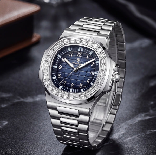 Montre L'Éclat, cadran quadrillé et boîtier intégré en acier – L'Heure Juste