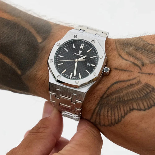 L'Octogone, montre acier à bracelet intégré et index bâton – L'Heure Juste
